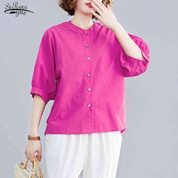 Summer Button Up Shirt Women Plus Size Tops 100% Cotton Blouse O Neck Casual Ladies Clothes Solid Color Blusas 13627 210521