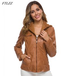 Autumn Women Hooded Faux Leather Jacket Streetwear Hat Detachable Zipper Slim Fit 5 Colors Plus Size XS-7XL Coat Outwear 210430
