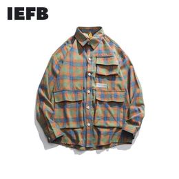 IEFB /can ship men's waer spring fashion design many Pocket Lattice Shirt for Male loose large size tops 9Y819 210524