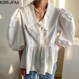 Korejpaa Women Shirt Summer Korean Chic All-Match Doll Collar Lace Stitch Single-Breasted Pleated Loose Puff Sleeve Blouses 210526