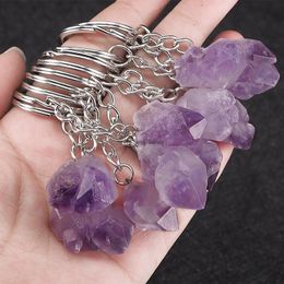 Natural Stone Amethyst Keychain Rough Mineral Specimen Single Crystal Irregular Key ring Bag hanging Jewellery Pendant will and sandy