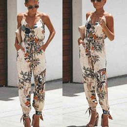 Spaghetti Strap Summer Jumpsuits Women Playsuit Floral Printed Sexy Rompers Pockets Backless Loose Casual Bodysuits Female 210507