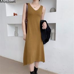 Korean Solid Knitted Long Vest Dress Women Sleeveless V-neck Basic Dresses Casual Fashion Ladies Vestidos Femme 210513