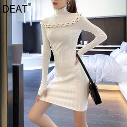 Spring And Summer Fashion Half High Collar Twist Rope Hollow Out Open Shoulder Stripe Knitted Dress Women's SH785 210421