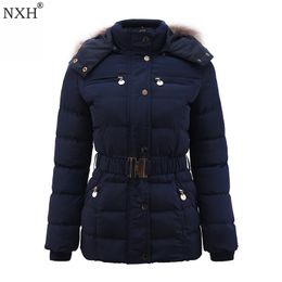 Winter Womens Thick Coat Adjustable Waist pockets Fur Hooded Ladys Warm Jackets Botton Zipper Slim Clothing Brand 210923