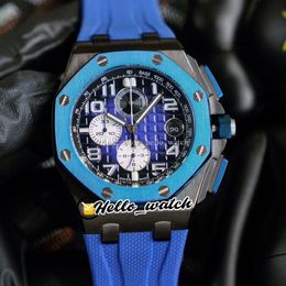 3A 44mm Gents Watches Miyota Quartz Chronograph Mens Watch D-Blue Texture Dial PVD Black Steel Case Stopwatch Blue Rubber Strap Sport Hello_Watch C07a1.