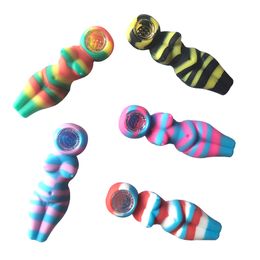 Six Women Colourful Silicone Smoking Pipe with Insert Glass Bowl Unbreakable Dry Herb Hand Food Grade Silicone Tobacco pipes