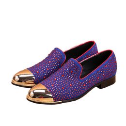 Luxury Handmade Men's Shoes Round Golden Toe Leather Dress Shoes Men Rhinestone Red/Blue Party and Wedding Shoes,38-46