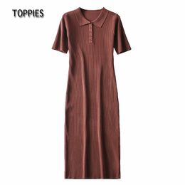 Toppies Casual Short Sleeve T-shirt Dresses Sexy Knitted Slim Bodycon Midi Dress Solid Colour Turn Down Collar 210412