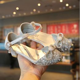 Princess Kids Leather Shoes for Girls Casual Glitter Children High Heel Girls Shoes Butterfly Knot Gold Silver