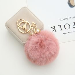 23 Colours Fluffy Artificial Rabbit Fur Ball Key Chain Pompons with Leaves for Women Car Bag Key Ring Jewellery