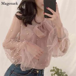 Autumn Solid Women Blouses Beading Bow Plus Size Shirt Elegant Lace Tops and Blusas 4323 210512