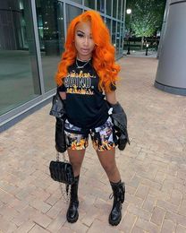 Women's Tracksuits Black Two-pieces Street Style Hip-hop Fire Print T-shirt and Shorts Set M7443