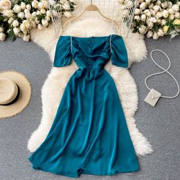 SINGREINY Women Design Strap Dress Korean Fashion V Neck Short Sleeve A-line Party Dress Summer Elegant Off Shoulder Midi Dress 210419