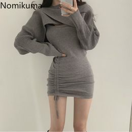 Nomikuma Sexy Slim Knitted 2pieces Sets Super High Waist Short Pullover Knitwear + Drawstring Basic Bodycorn Sweater Dress 6D825 210330