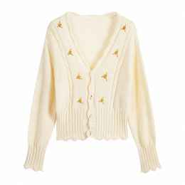 Women Sweater V Neck Long Sleeve Casual Beige Floral Embroidery Cardigan M0310 210514
