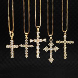Ns1082 High Quality Diamond Christian Religion Jewelry Gold Plated Stainless Steel Chain Cz Micro Pave Cross Pendant Necklace