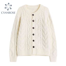 Twist Sweater Solid Cardigan Vintage O Neck Long Sleeve Women's Knitwear Baggy Single Breasted Korean Ins OL Female Knitted Tops 210417