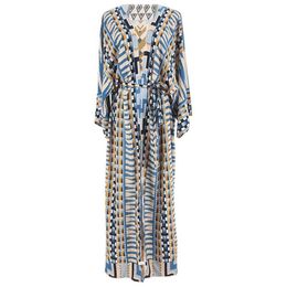 Inspired blue geometric print long kimono dress for women summer maxi robe for beach cotton dress new plus size dress 210412