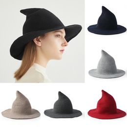 Stingy Brim Hats 1Pcs For Women Winter Halloween Witch Hat Festival Party Decoration Woollen Keep Warm Pure Colour Christmas Gift Cosplay