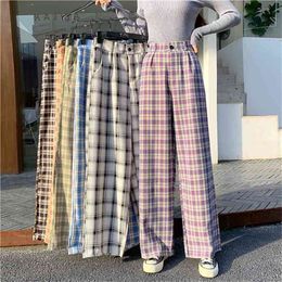 Simple Vintage Plaid Causal Long Women Pants Street Fashion Straight Wide Leg Pant 210915