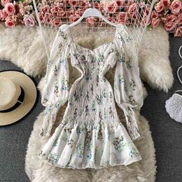 Spring party mini print dresses for women elegant u neck slim chiffon pleated floral ruffled long-sleeved dress 210420