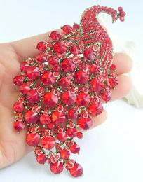 Pins, Brooches 4.33" Gold-tone Red Rhinestone Crystal Peacock Brooch Pin Pendant EE05651C8a