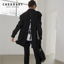 Designer Open Back Blazer Women Ruched Autumn Jacket Fall Fashion Blazers And Jackets Black Coat Clothing 210427