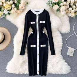 SINGREINY Women Knitted Sheath Dress Autumn Office Bodycon Kniting Dress Casual Winter Elastic O Neck Button Retro Sweater Dress Y220214