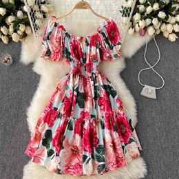 Summer Dress Age Reduction Vestidos Female Square Collar Puff Sleeve Elastic Waist Thin Print Mini GL067 210506