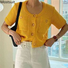 Summer Vintage Knitted Women Cardigan Sweater Short Sleeve O-neck Single Breasted Pockets Korean Tops Jumpers Femme 210513