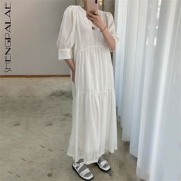 White Simple Dress Women's Summer Round Neck Loose Puff Half Sleeve Mid-calf Dresses Female Fashion 5E409 210427