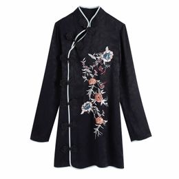 Vintage Woman Black Embroidery Cheongsam Dress Spring Autumn Elegant Ladies Chinese Style es Female Chic Soft 210515