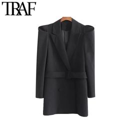 Women Vintage Stylish Office Wear Double Breasted Blazer Coat Fashion Long Puff Sleeve With Belt Female Outerwear Chic Tops 210507