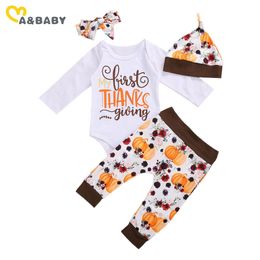 0-24M Thanksgiving day Baby Outfits born Infant Girl Boy Letter Romper Cartoon Pants Hat Headband Clothes Set 210515