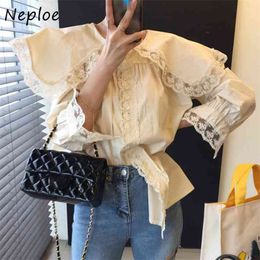 Elegant Lace Hollow Out Solid Blouse Women Peter Pan Collar Pullover Long Sleeve Blusas Spring Loose Shirt Femme 210422