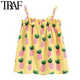 Women Sweet Fashion Fruit Print Ruffled Blouses Vintage Sleeveless Stretchy Thin Straps Female Shirts Chic Tops 210507