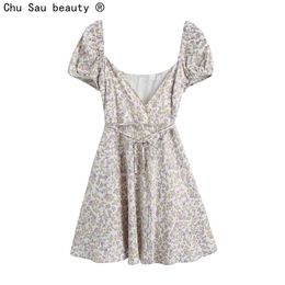 Summer Sexy Sweet Silk Satin Texture V-Neck Printed Puff Sleeve Dress A-Line Short Vestido Chic Women Fashion 210508
