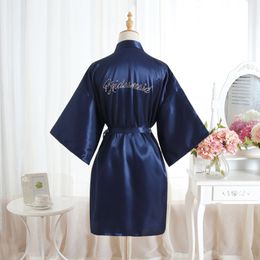 Sexy Yukata Night Robe Short Satin Wedding Bride Bridesmaid Robes With Clear Rhinestones-Bride&Bridesmaid Edition Dressing Gown 210419