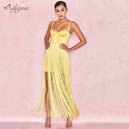 Summer Women's long Bandage Dress Celebrity Party Sexy Bodycon Sling V-neck Fringe Vestidos 210525