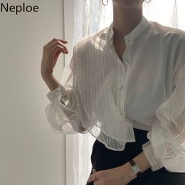 Neploe Korean Chic Shirt Patchwork Gauze See Through Women Blouses OL Stand Neck Lantern Sleeve Temperament White Blouse Tops 210422