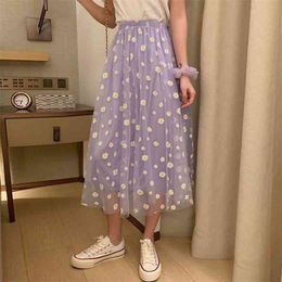 Summer Daisy Print Purple Skirt Female Long High-Waisted A- Line Elastic Street Wear 210529