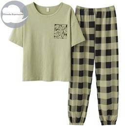 Summer Women Pyjamas Sets Soft Nightwear Cotton Short Sleeved Pyjamas Plaid Print Sleepwear Female Pijamas Mujer Home Fashion 210809