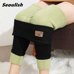 Seoulish Women's Winter Leggings Warm Pants Chic Velvet Thicken Slimming Cashmere Warmed With Fleece Female 211215