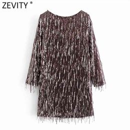 Women High Street Tassel Sequined Decoration Straight Mini Dress Female Sexy Back V Chic Vestido Party Clothes DS4877 210416