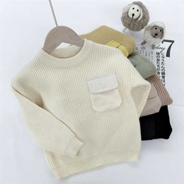 Winter Clothing Boy's Clothes Round Neck Pullover Tröja Höst Barn Barnens Pullovers med Pocket Outwear 211028