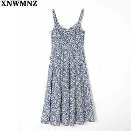 Vintage Blue Floral Print Chiffon Midi Dress woman France Tank Vestido Fashion Summer Women Dresses women's Robe 210520