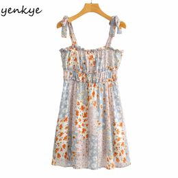 Sexy Sling Summer Holiday Beach Dress Women Fungus Edge Patchwork Floral Print Chiffon Short Vestido 210430