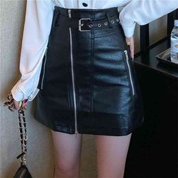 WWENN 4XL PU Leather A Line Skirt Women Belt Zipper High Waist Women's Mini Skirts Black Autumn Spring Fashion Bottoms 210507