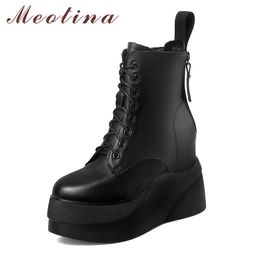 Women Ankle Boots Shoes Real Leather Platform Wedge Heels Short Lace Up Zipper Lady Autumn Winter Black 40 210517